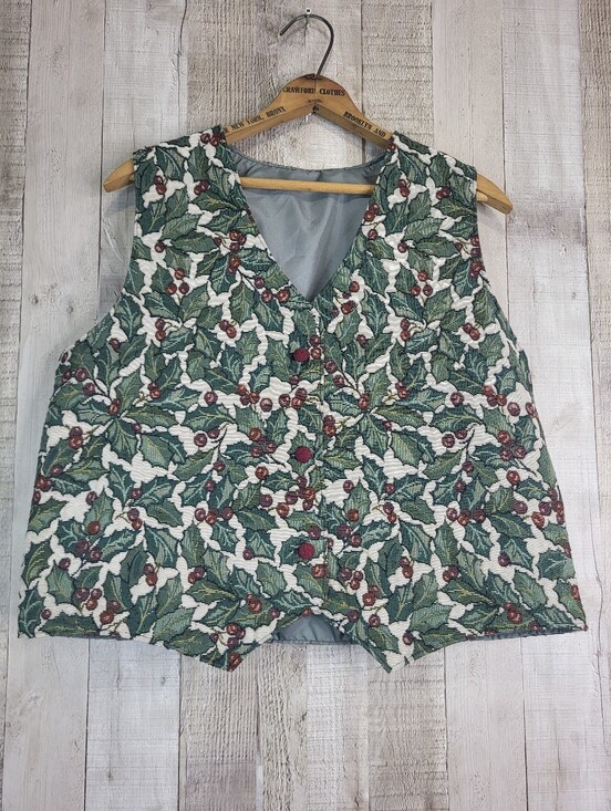 Jackets & Blazers - Festive Santa Claus Christmas Green Holly Print V-Neck Women's Vest